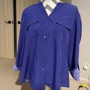 Notations Blue Boxy Button Down Shirt with Mandarin Collar